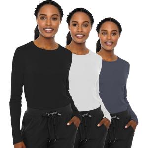 Med Couture Women’s Underscrub Top Long Sleeve Performance Knit Tee, 360° Stretch, Lightweight & Ultra Soft Fabric – MC8499(Black / White / Pewter – 3 Pack)