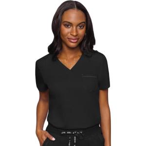Med Couture Women’s V-Neck Scrub Top, Modern Fit Tuck-in Top with Stretchy Rib-Knit Shoulders and Chest Pocket – MC7448(Black)