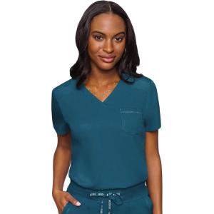 Med Couture Women’s V-Neck Scrub Top, Modern Fit Tuck-in Top with Stretchy Rib-Knit Shoulders and Chest Pocket – MC7448(Caribbean)