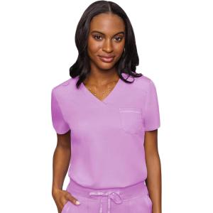 Med Couture Women’s V-Neck Scrub Top, Modern Fit Tuck-in Top with Stretchy Rib-Knit Shoulders and Chest Pocket – MC7448(Lilac)