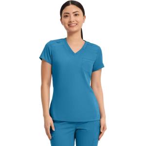 Med Couture Women’s V-Neck Scrub Top, Modern Fit Tuck-in Top with Stretchy Rib-Knit Shoulders and Chest Pocket – MC7448(Mali-blue Shore)