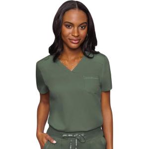 Med Couture Women’s V-Neck Scrub Top, Modern Fit Tuck-in Top with Stretchy Rib-Knit Shoulders and Chest Pocket – MC7448(Olive)