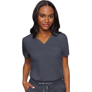 Med Couture Women’s V-Neck Scrub Top, Modern Fit Tuck-in Top with Stretchy Rib-Knit Shoulders and Chest Pocket – MC7448(Pewter)