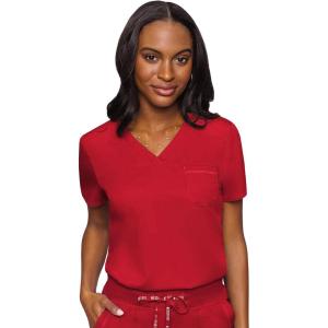Med Couture Women’s V-Neck Scrub Top, Modern Fit Tuck-in Top with Stretchy Rib-Knit Shoulders and Chest Pocket – MC7448(Red)