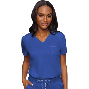 Med Couture Women’s V-Neck Scrub Top, Modern Fit Tuck-in Top with Stretchy Rib-Knit Shoulders and Chest Pocket – MC7448(Royal)