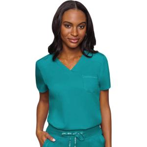 Med Couture Women’s V-Neck Scrub Top, Modern Fit Tuck-in Top with Stretchy Rib-Knit Shoulders and Chest Pocket – MC7448(Teal)