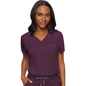 Med Couture Women’s V-Neck Scrub Top, Modern Fit Tuck-in Top with Stretchy Rib-Knit Shoulders and Chest Pocket – MC7448(Wine)