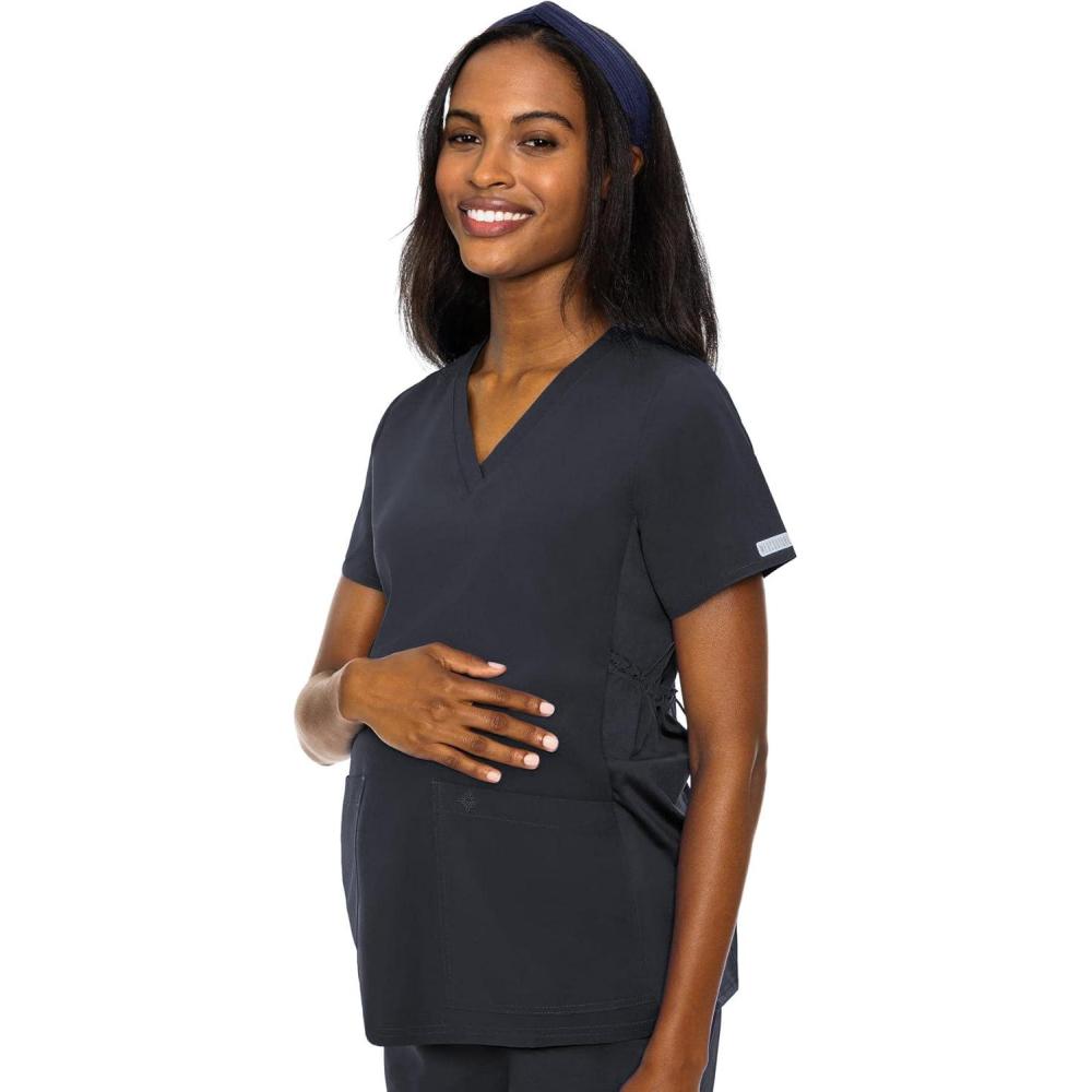 imageMed Couture Maternity VNeck Scrub Top  Soft 360 Stretch Pregnancy Scrubs with Adjustable Waist amp Pockets  MC8459Pewter