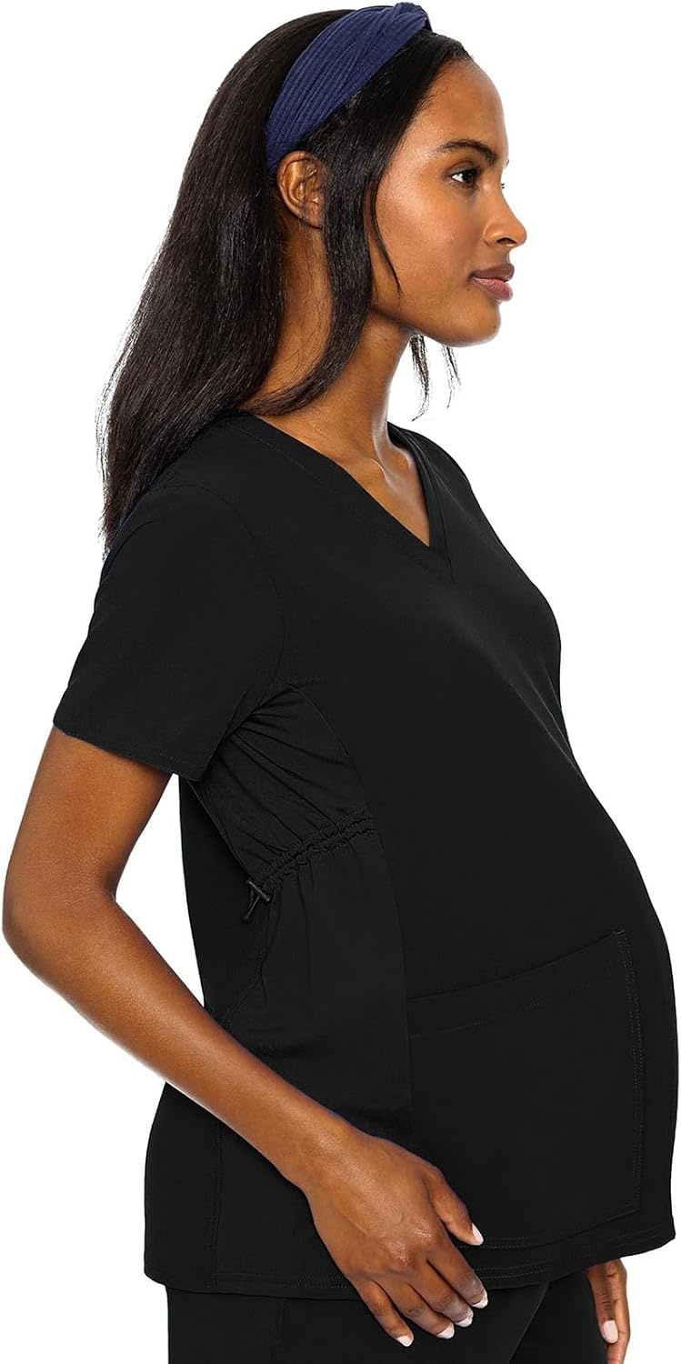 image:imageMed Couture Maternity VNeck Scrub Top 2 Pockets Stretchy Side Panels with a Flattering Fit for Pregnant Ladies MC628Black
