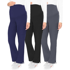 Med Couture Maternity Scrub Pant – 3 Pockets Straight Leg with Side Vents at Hem Soft Jersey Knit Waist Panel – MC028(Navy / Black / Pewter – 3 Pack)