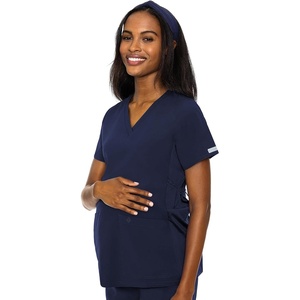 Med Couture Maternity V-Neck Scrub Top, 2 Pockets, Stretchy Side Panels with a Flattering Fit for Pregnant Ladies – MC628(Navy)