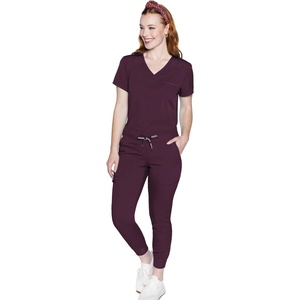 Med Couture Scrub Set for Women V-Neck Top & 2-way Stretch Pant | 5 Funtional Pockets, 2-way Stretch Fabric, All-day Comfort, Comfortable Fit, Easy-care Design, Made for Every Shift(Wine)