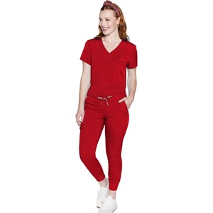 Med Couture Scrub Set for Women V-Neck Top & 2-way Stretch Pant | 5 Funtional Pockets, 2-way Stretch Fabric, All-day Comfort, Comfortable Fit, Easy-care Design, Made for Every Shift(Red)