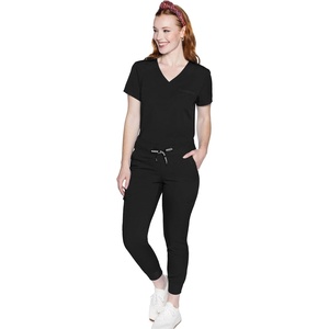 Med Couture Scrub Set for Women V-Neck Top & 2-way Stretch Pant | 5 Funtional Pockets, 2-way Stretch Fabric, All-day Comfort, Comfortable Fit, Easy-care Design, Made for Every Shift(Black)
