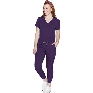 Med Couture Scrub Set for Women V-Neck Top & 2-way Stretch Pant | 5 Funtional Pockets, 2-way Stretch Fabric, All-day Comfort, Comfortable Fit, Easy-care Design, Made for Every Shift(Eggplant)