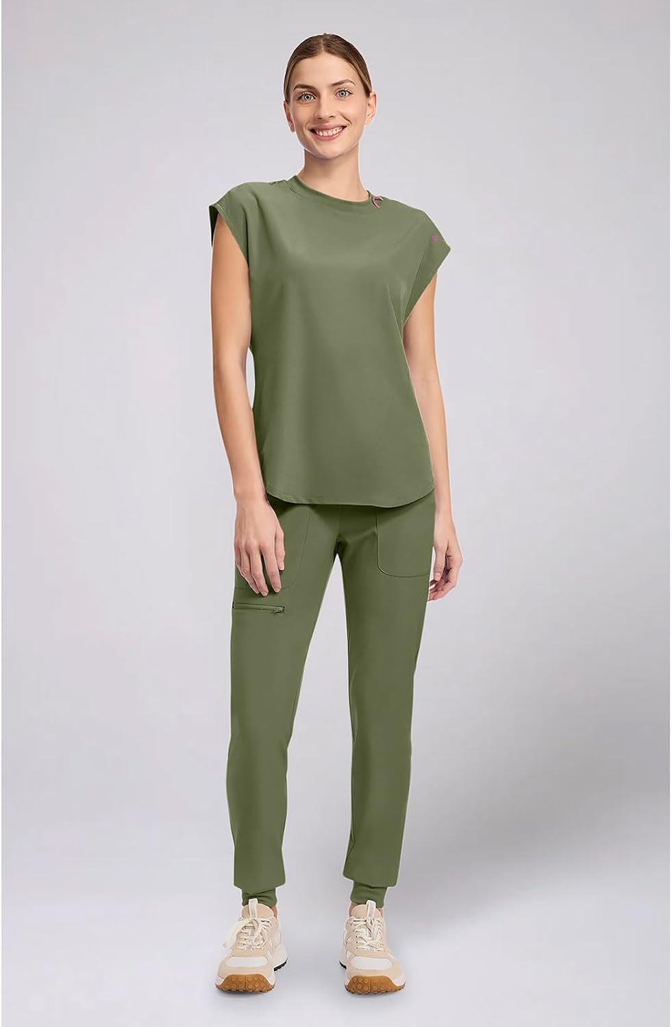 image:imageMed Couture AMP Womens Scrub Tops Round Neck Tuckable 2 Zipper PocketOlive