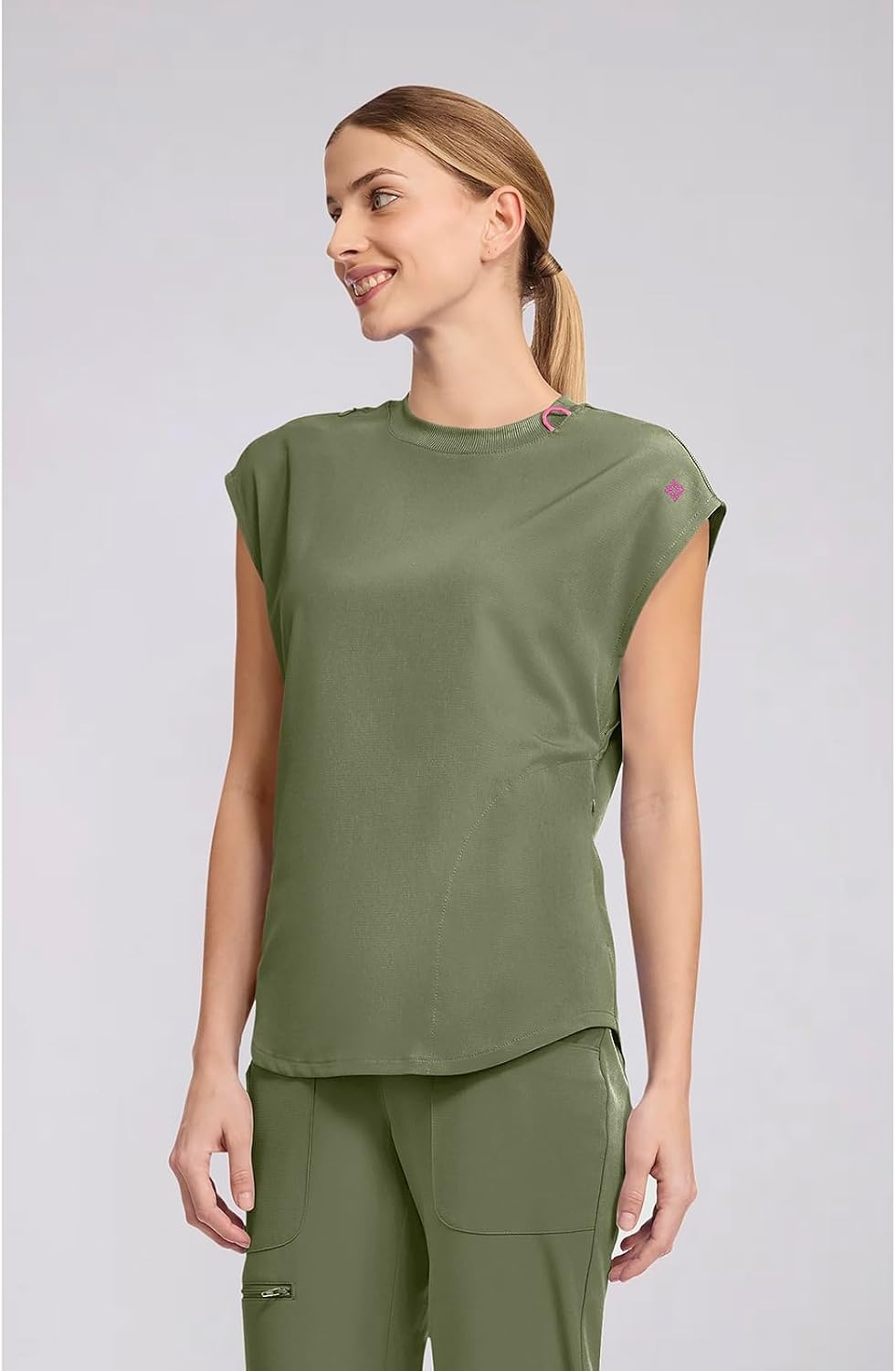image:imageMed Couture AMP Womens Scrub Tops Round Neck Tuckable 2 Zipper PocketOlive