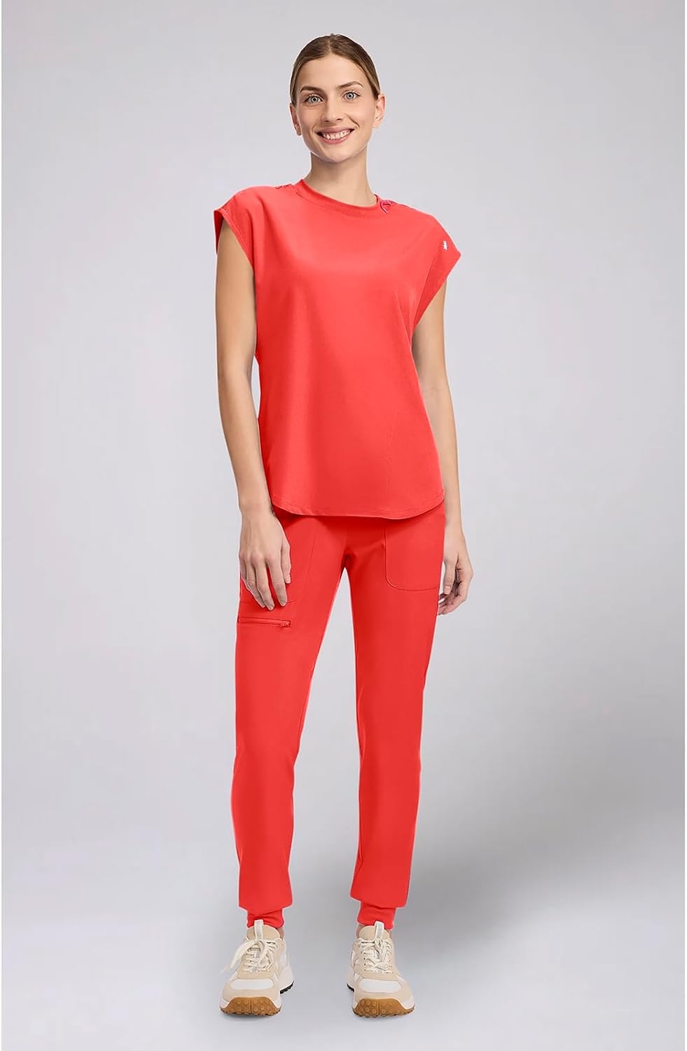 image:imageMed Couture AMP Womens Scrub Tops Round Neck Tuckable 2 Zipper PocketOne in a Melon