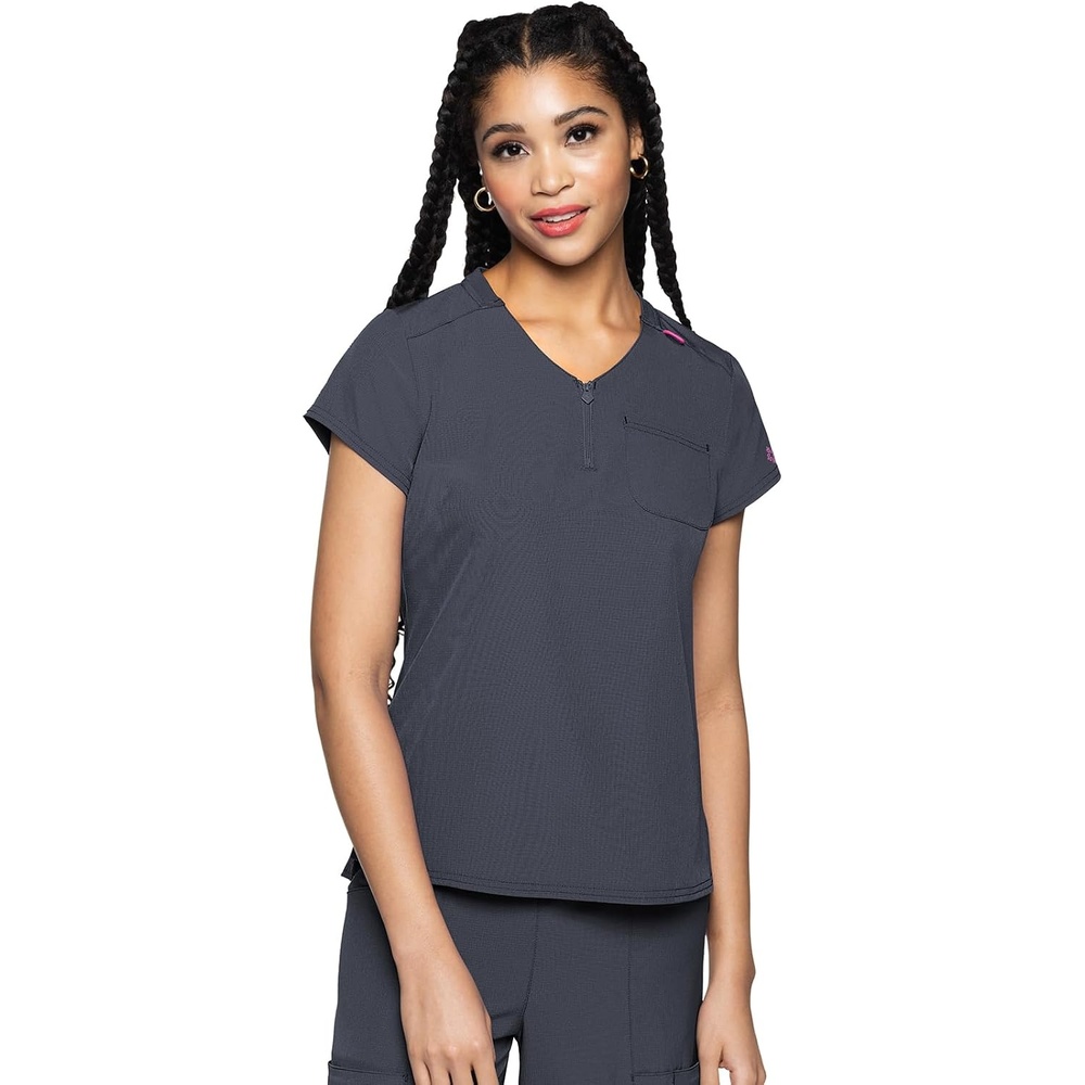 image:imageMed Couture Amp V Neck Scrub Tops for Women Quarter Zip Chest PocketPewter