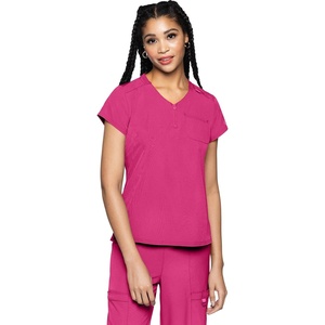 Med Couture Amp V Neck Scrub Tops for Women Quarter Zip Chest Pocket(Pink Power)